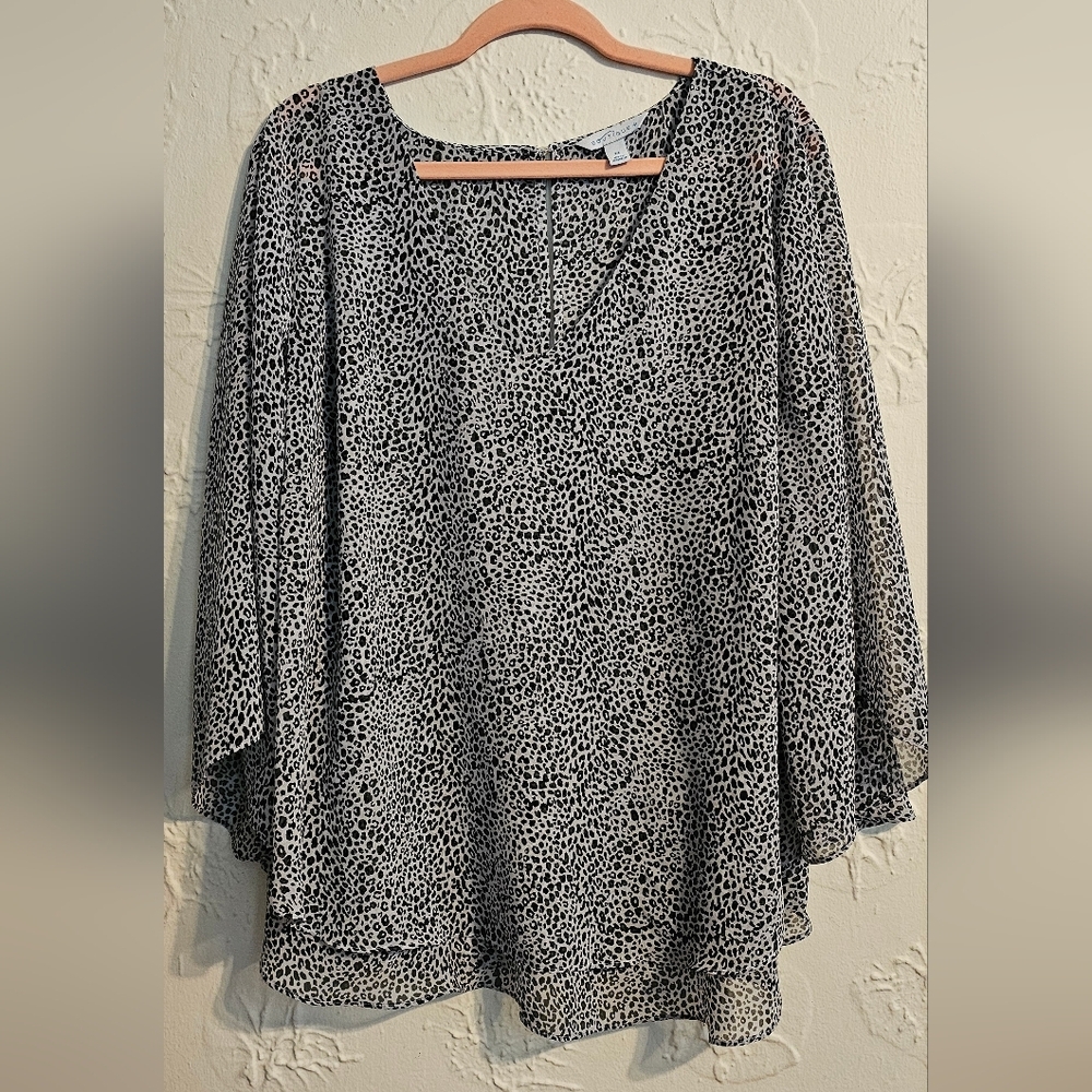 Boutique Lightweight 3/4 Sleeve V Neck Sheer Top 2X